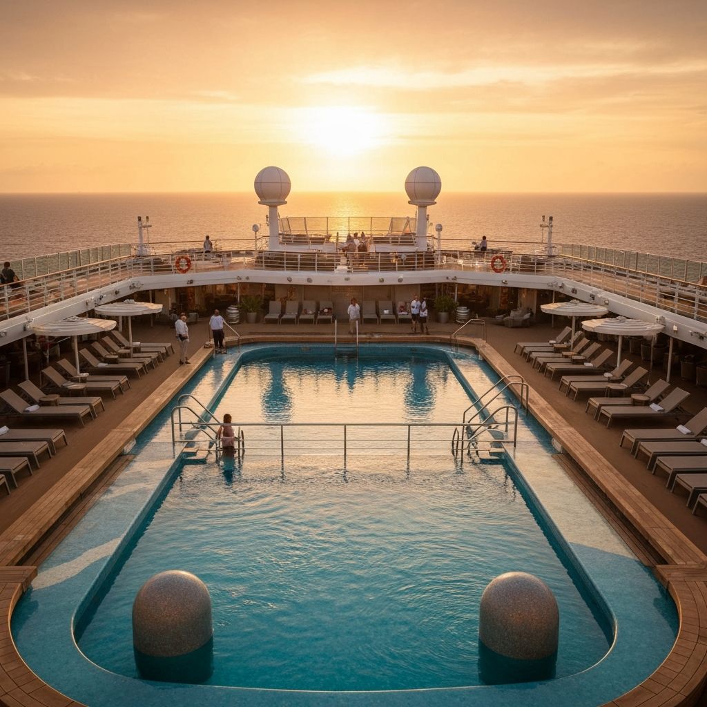 Pooldeck eines Kreuzfahrtschiffs im Sonnenuntergang